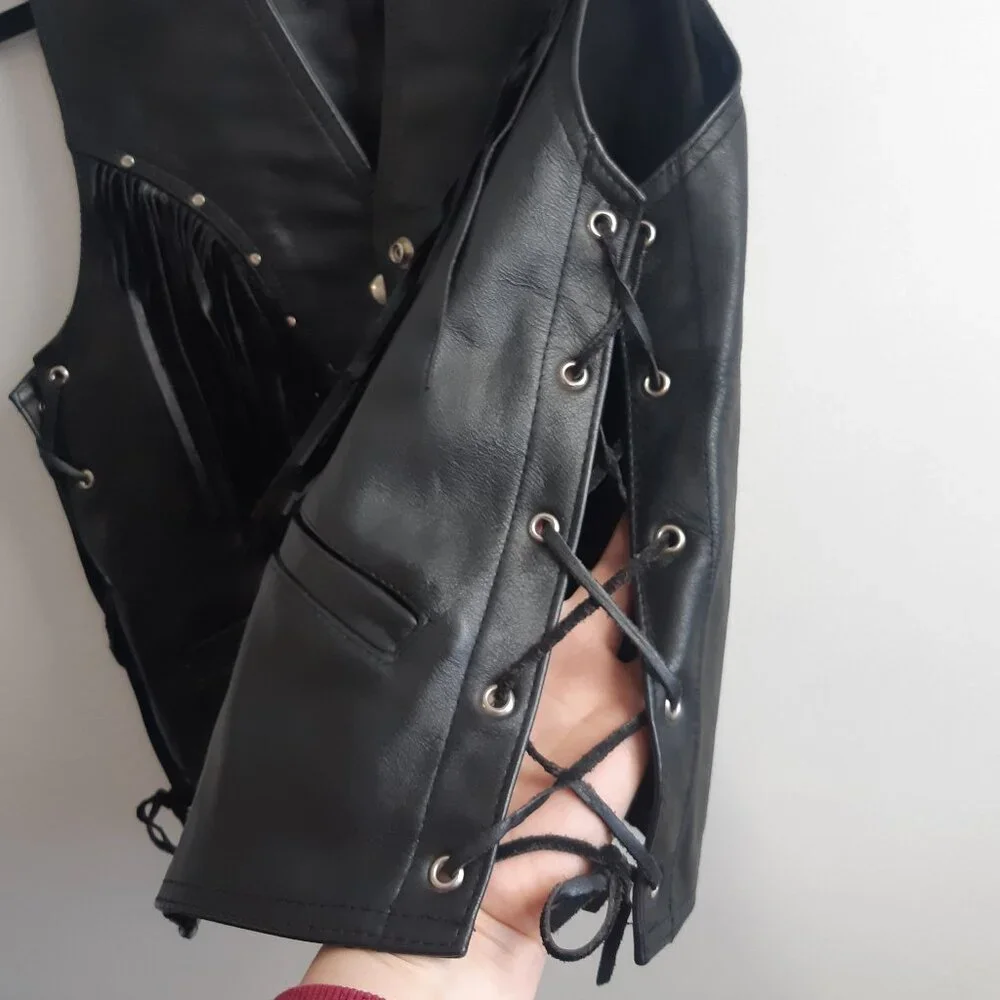 Vintage Genuine Leather Fringe Vest Biker Western Black Lace Up Made in Canada S - Picture 11 of 11